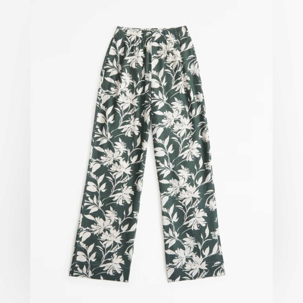 Abercrombie & Fitch Green Floral Wide Leg Linen Pants, Medium Long, NWT